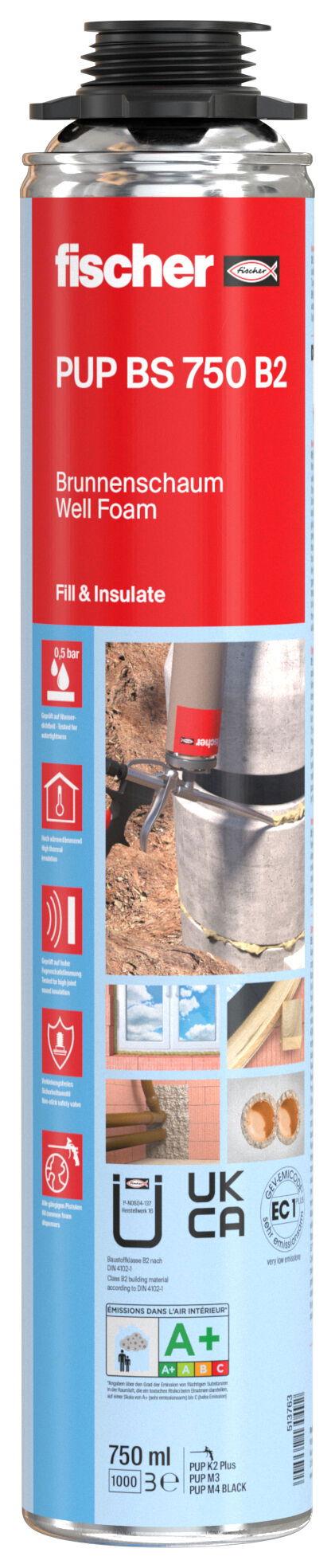 Fischer PUP BS 750 B2 vízzáró pisztolyhab, sárga, 750 ml termék fő termékképe