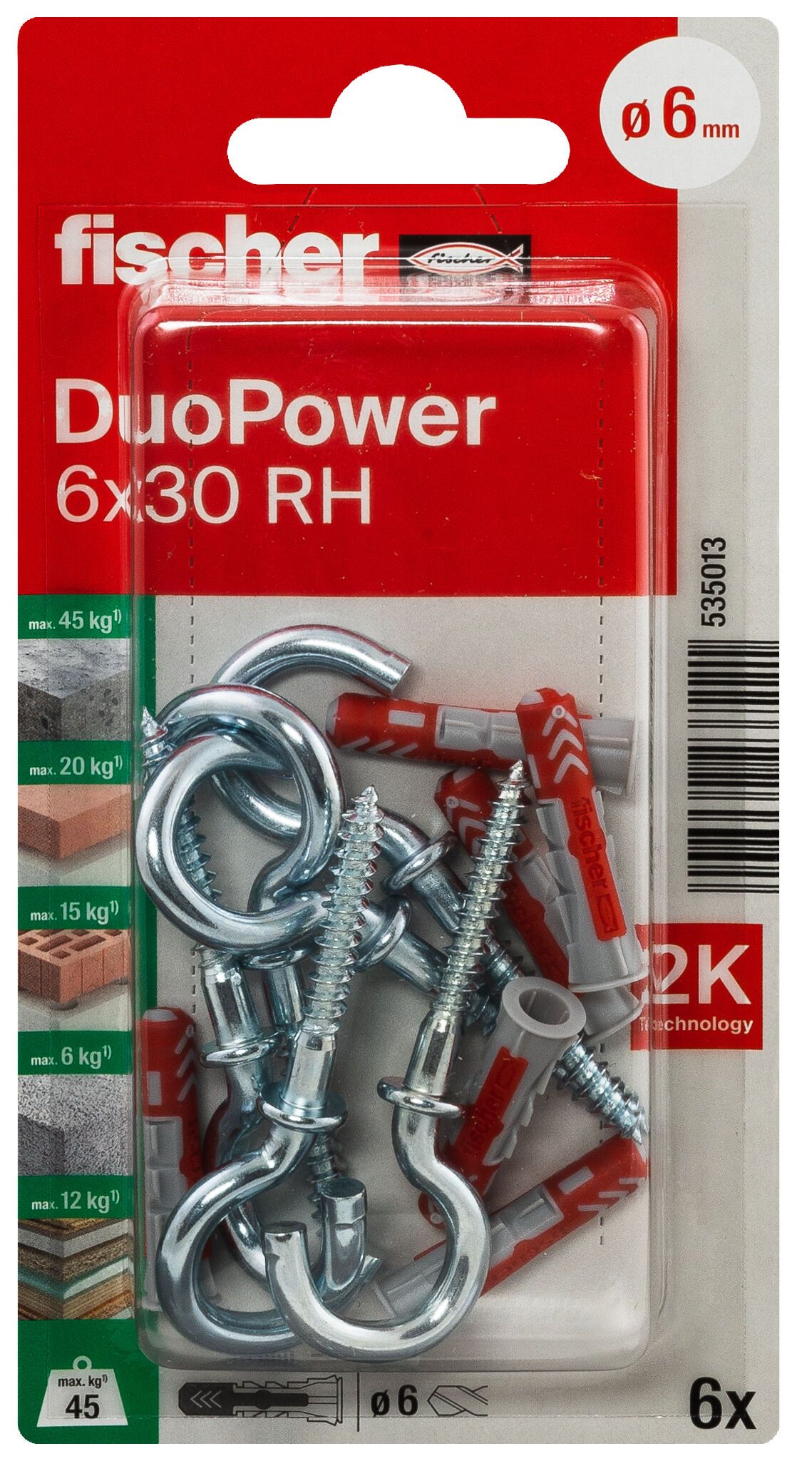 Fischer DuoPower kétkomponensű nylon dübel 6 x 30 RH K - körkampóval, bliszteres, 6 db/csomag termék fő termékképe